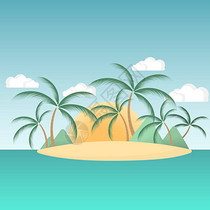 海中天堂岛棕榈树和山峰在太阳升起的幕后插画