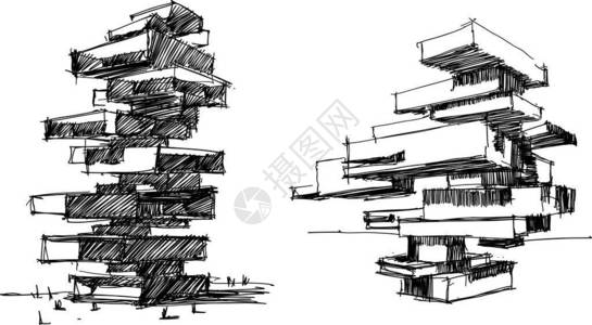 两手绘制了高现代抽象建筑或住宅塔的建筑插画