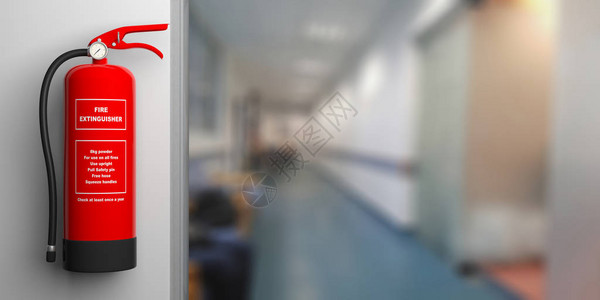口岸灭防安全墙上的红色灭器模糊的医院走廊背景文本标签设计图片