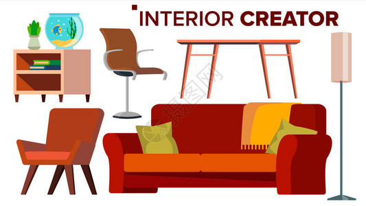 家具创造者向量客厅现代椅子对象沙发扶手椅灯桌子床头柜孤图片