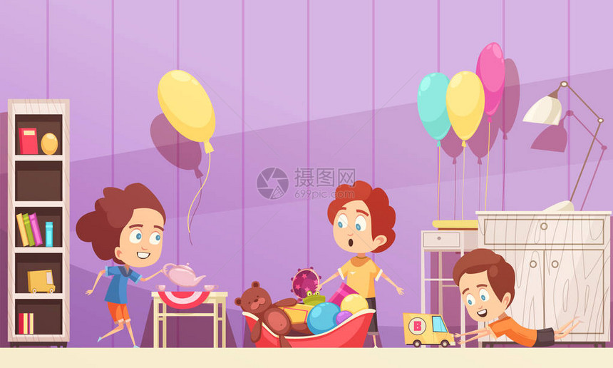 在玩具游戏时与孩子们一起使用紫色儿童房间图片
