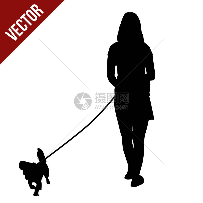白色背景中带狗的女人的剪影矢量图解图片