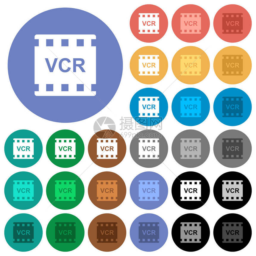 圆形背景上的VCR电影标准多色平面图标包括用于悬停和活动状态效果的白色浅色和深色图标变化图片