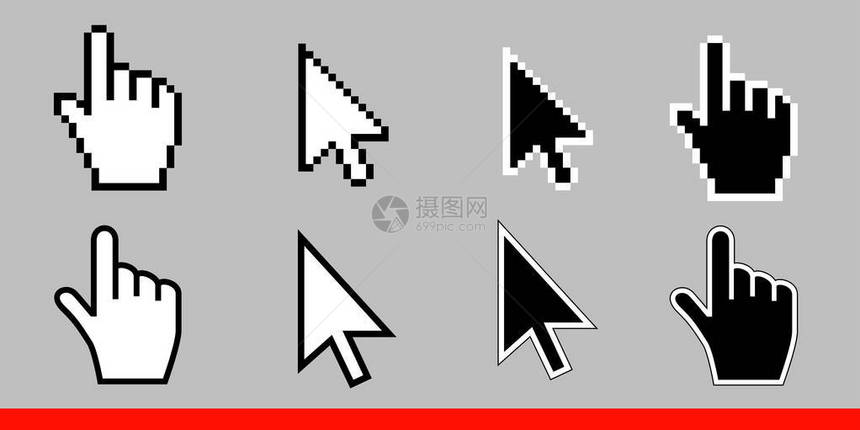 白色箭头和指针手形标图集像素和现代版本的标志方向符号和触摸链接并按下钮在灰色背景图片