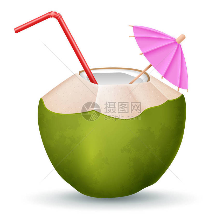 白色背景上有稻草和雨伞的椰子鸡尾酒图片