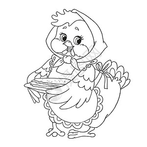 漂亮的卡通人物鸡祖母用煎饼围裙里的母鸡在白色背景上隔离的向量着图片