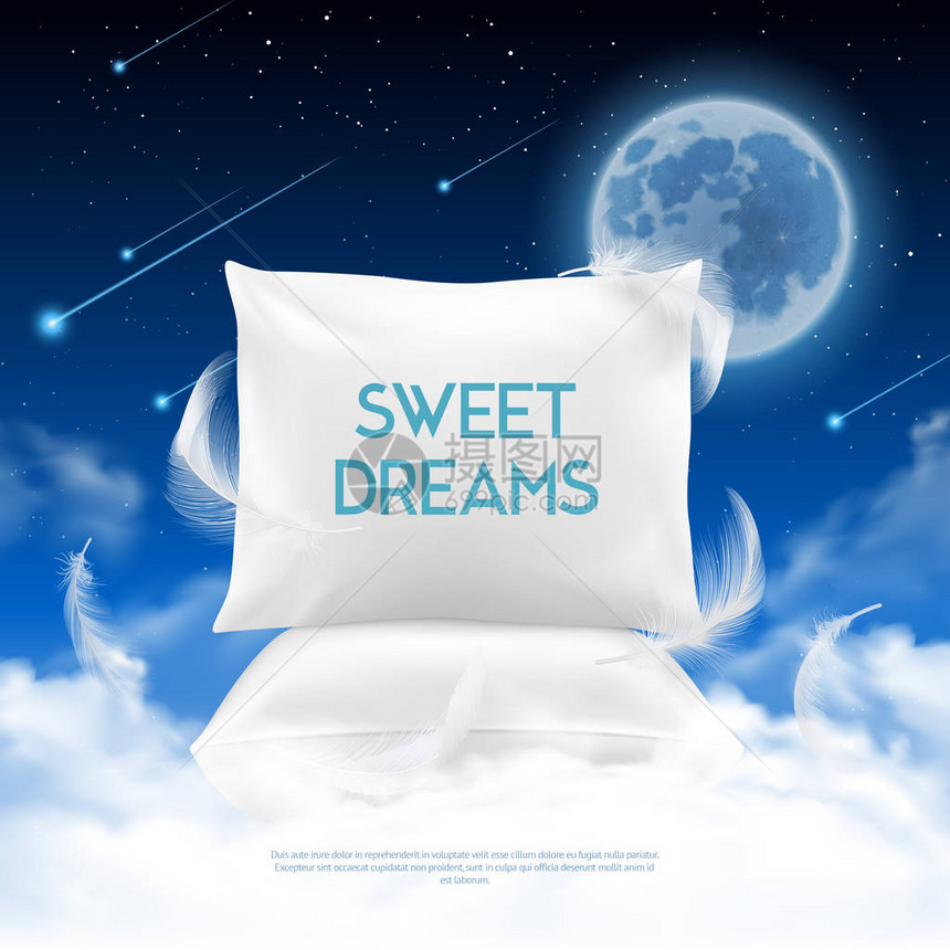 更好的夜间睡枕垫现实的促销海报用羽毛轻亮的枕头做甜蜜的梦与黑暗图片