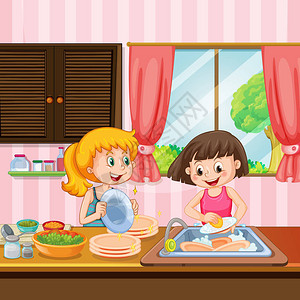 厨房插图中的姐妹清洁盘图片