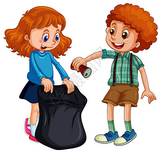 男孩和女孩捡垃圾插画图片