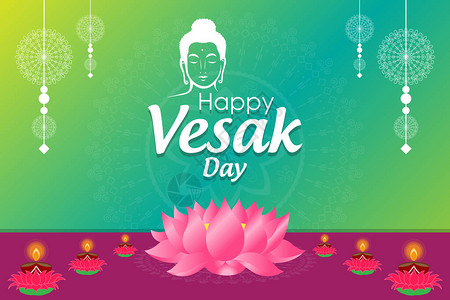 VesakDay配有字母莲花燃烧灯光和绿色背景的园地的画面布图的Vesak背景图片