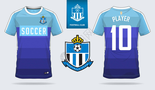 活塞队队服短俱乐部的袜子模板设计足球t恤模拟正面和背面视图足球制服蓝色上的扁平足球插画