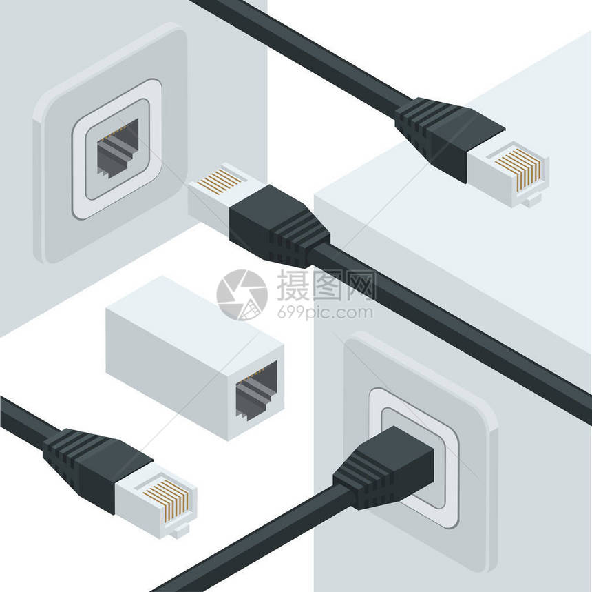 具有网络互联网数据连接器的等距白色无线wifi路由器用于高速互联网连接的图片