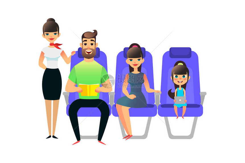 快乐卡通家庭旅行旅行的人乘客和飞机上男人女昂女孩坐在扶手椅上有书的父亲图片