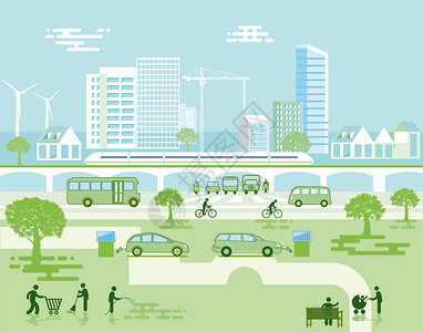 环保车电动车生态城市插画