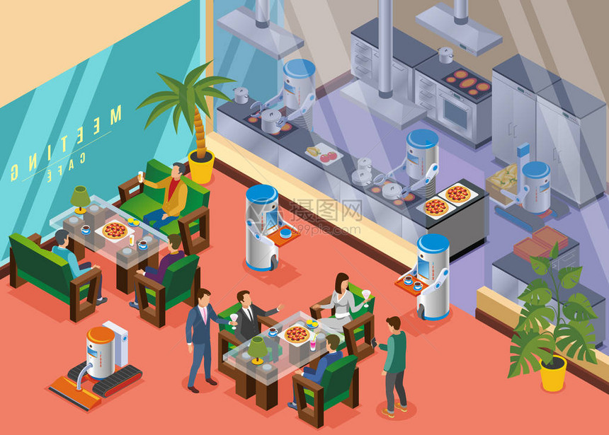 等距和彩色机器人餐厅概念与专业餐厅和同事机器图片
