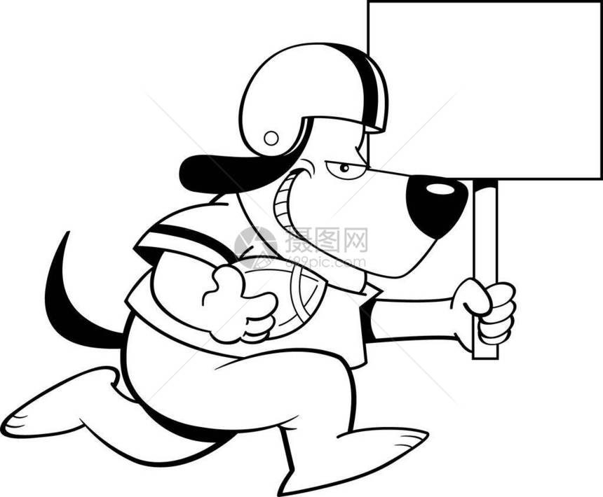 黑白插图说明一只狗在带着标志运行图片