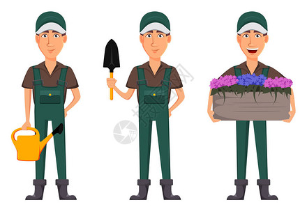 园丁穿制服的卡通人物三副姿势拥有水罐握着小铲子和大锅花的英俊农图片