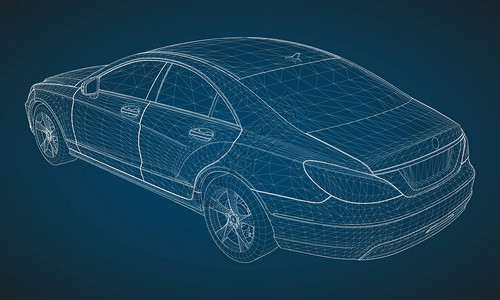 该模型高级轿车蓝色背景上的白色多边形三角形网格形图片