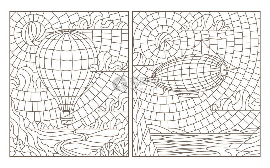 一套带有空中风景水力和风景背气球的轮廓彩图片