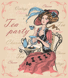 戴着帽子喝茶的复古女士穿着衬裙的女士茶会魅力优质的铭文是时候图片