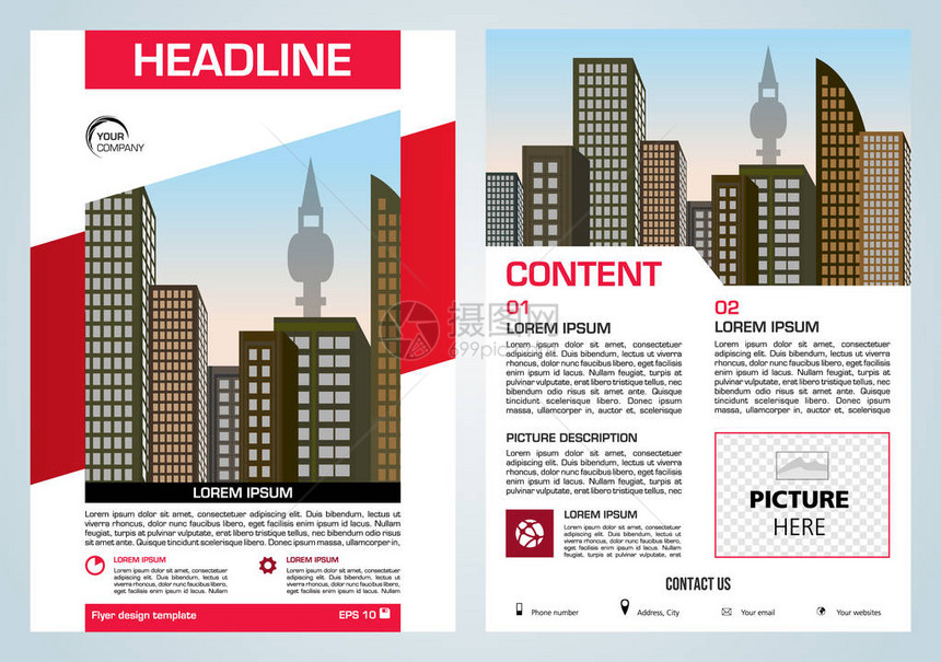 矢量传单公司业务年度报告小册子设计以及带有红色内容的封面介绍图片