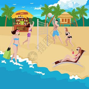根据海岸线和沙滩与酒吧平房和排球操场矢量插图绘制的海滩构成情况图片