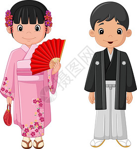 穿着传统服饰的卡通日本夫妇图片