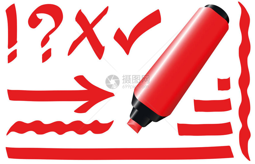 明亮的红色记号笔加上笔画和符号图片