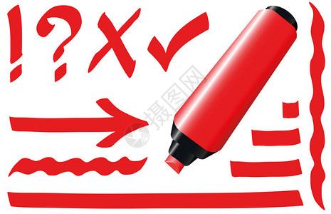 明亮的红色记号笔加上笔画和符号高清图片