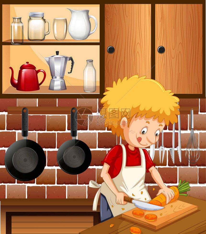一个人在厨房里做饭插图图片