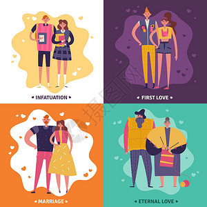 男人和女人的生命周期2x2设计概念集迷恋初婚姻和永恒爱情方形图标图片