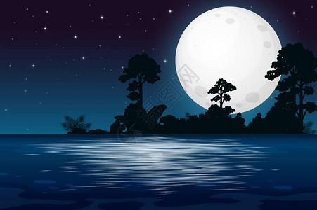 湖边的满月之夜插画图片