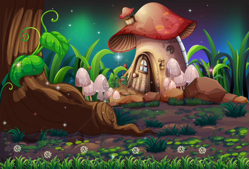 黑暗的森林和蘑菇屋插图图片