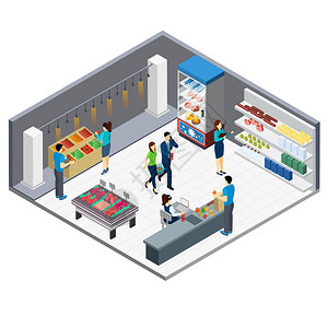 杂货店等距内部与顾客来购物和店员图片