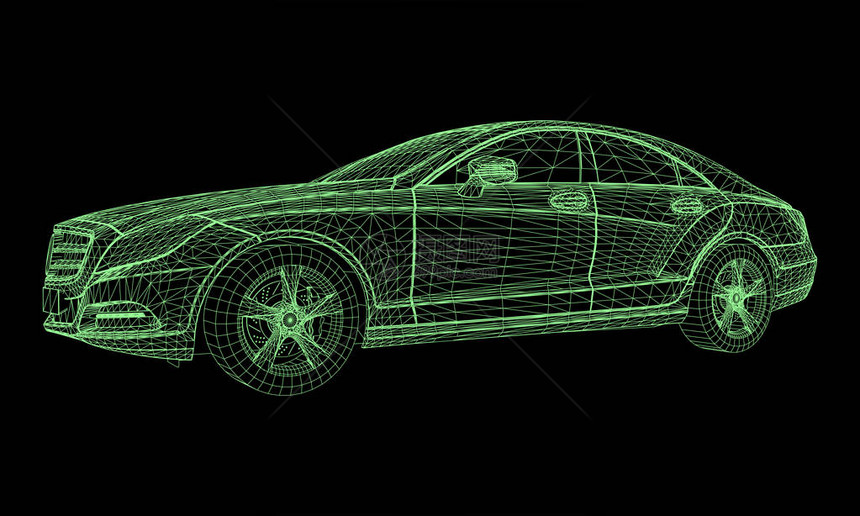 该模型高级轿车黑色背景上绿色多边形三角形网格形图片