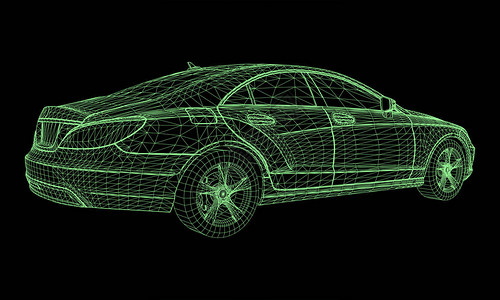 该模型运动高级轿车黑色背景上绿色多边形三角形网格形图片