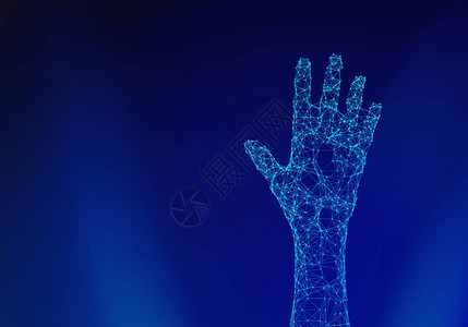 人类手在蓝色背景与未来技术概念中连接线和点的连接线和点分离图片