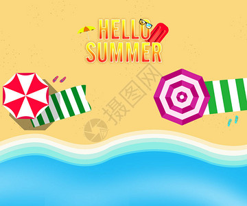 你好夏季横幅矢量插图夏天海滩的顶端景色带太阳雨伞在背景图片