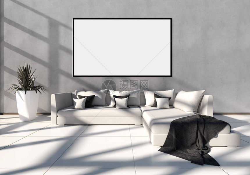 现代明亮室内空房间带有模型海报框架3图片