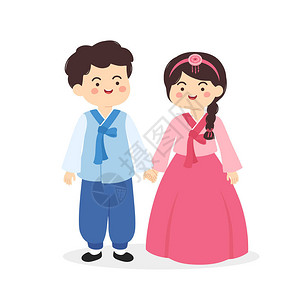 汉弗克可爱的韩国汉博克夫妇传统服装饰插画