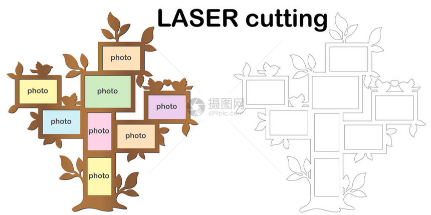 带有用于激光切割的相框的家谱相框拼贴画用于木材和金属的模图片