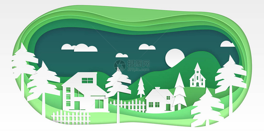 乡村景观白色背景上的现代矢量剪纸插图高品质的绿色不寻常的组成与建筑物树木云彩山教堂非常适图片