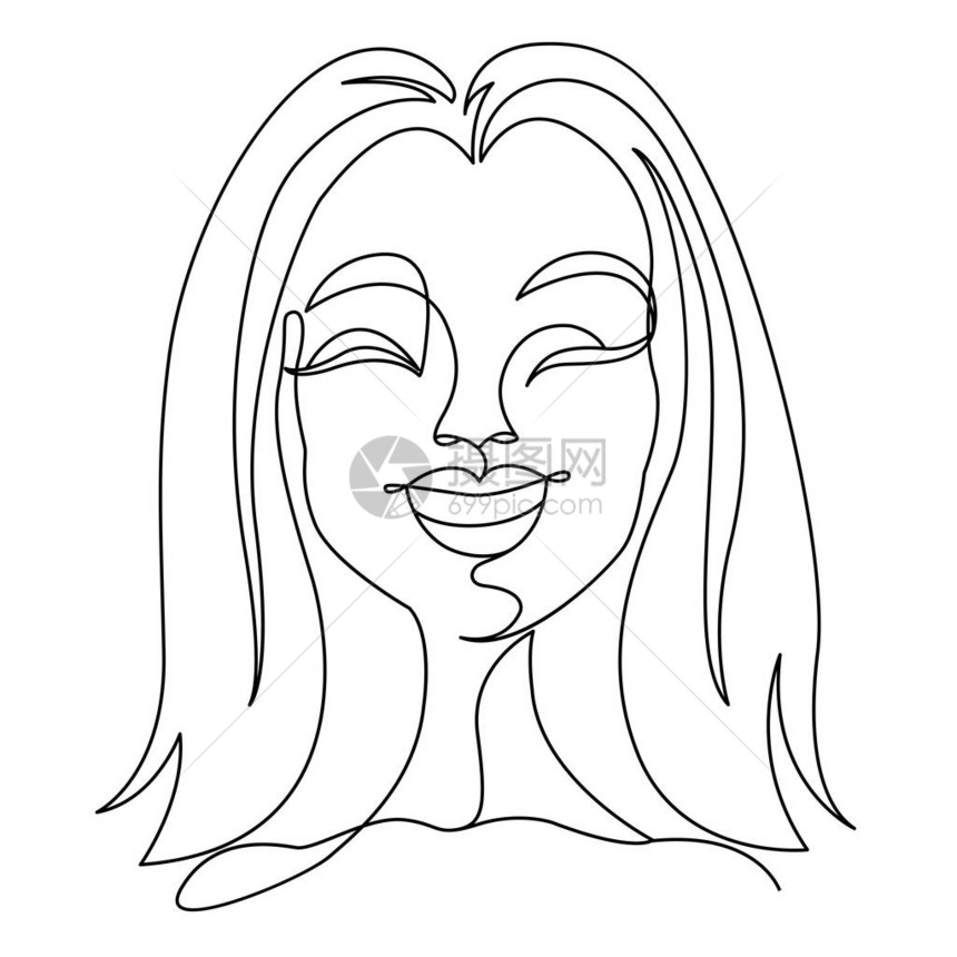 幸福的女人笑一条线艺术肖像快乐的女面部表情手绘线女人图片