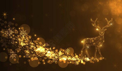 鹿金色背景和新年快乐矢量插图图片