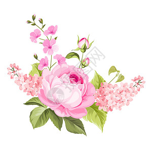 春花束彩花玫瑰花和紫花的标图片