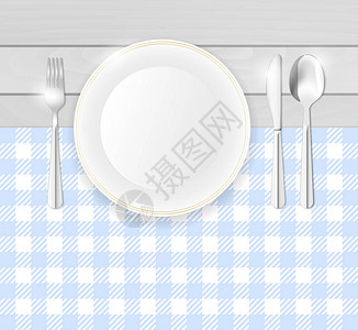 不锈刚勺子带有蓝色桌布瓷板和不锈餐具的桌子顶部视图插画