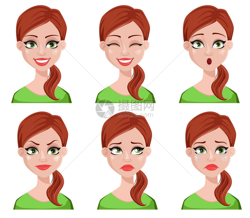 棕色头发的清洁女工的面部表情不同的女情绪集美丽的卡通人物孤立在白色背图片