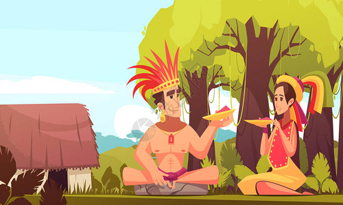 来自玛雅家庭的男人和女人穿着传统服饰在他们的小屋卡通背景附近户外用背景图片