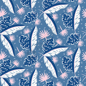蓝丛林树叶图案用于夏季的无缝指纹热带植物图片