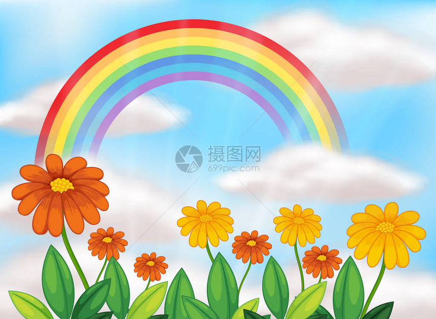 花卉园和美丽的彩虹插图图片